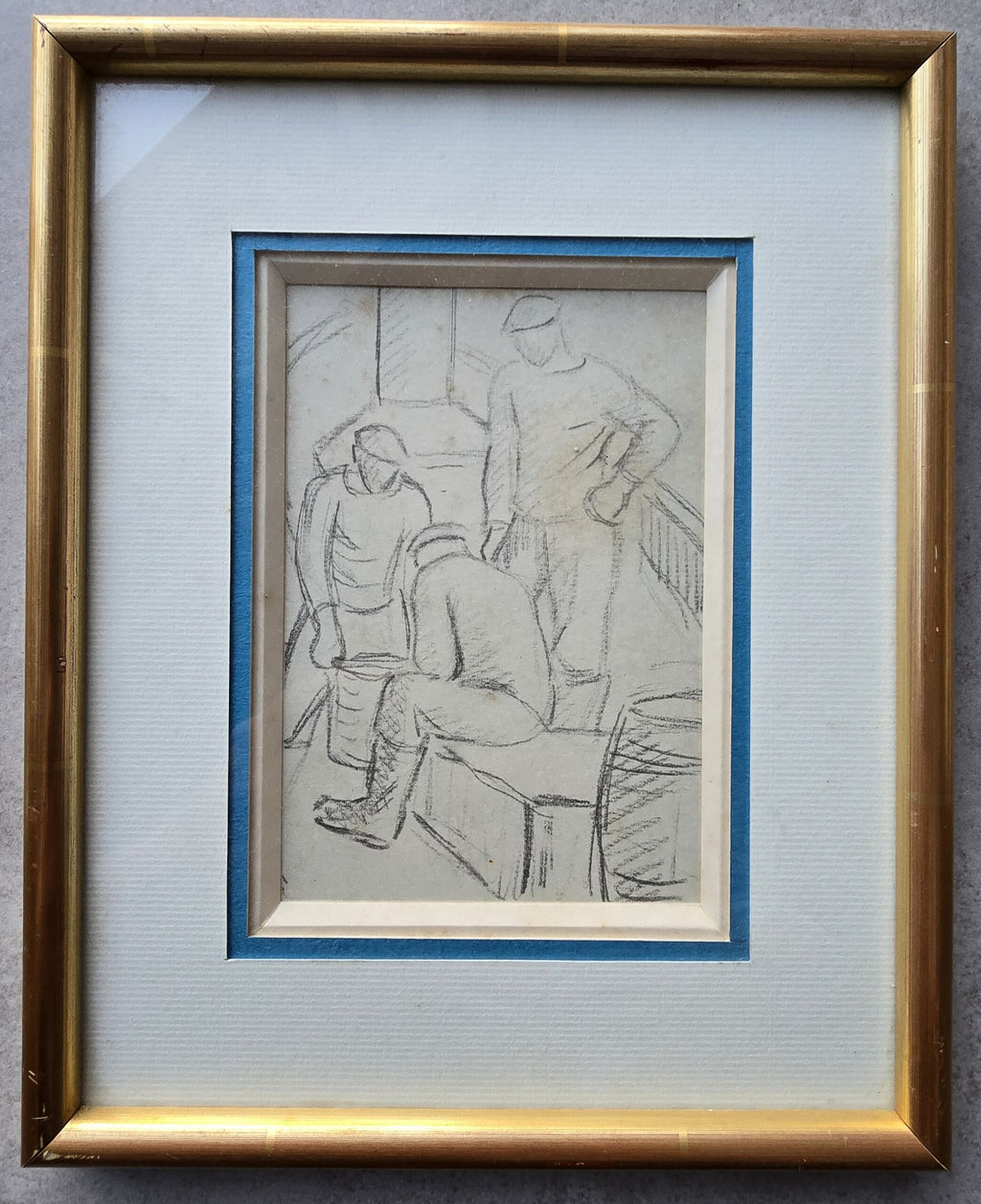 Ramiro ARRUE Reproduction d'un dessin préparatoire du tableau "Trois hommes sur un bateau"