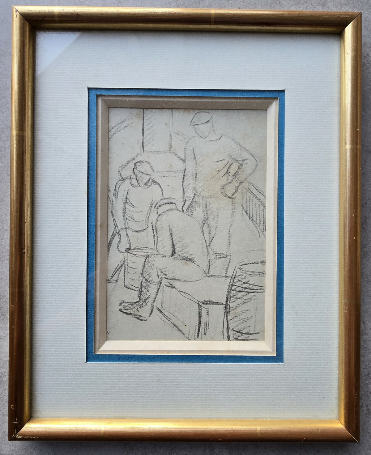 Ramiro ARRUE Reproduction d'un dessin préparatoire du tableau "Trois hommes sur un bateau"