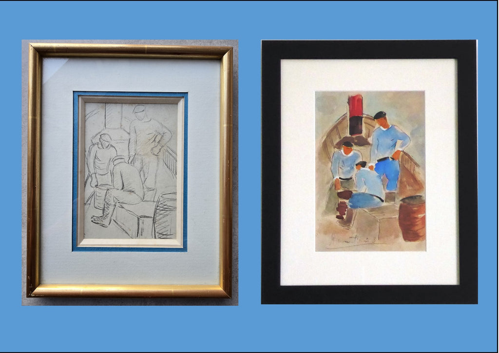 Ramiro ARRUE Reproduction d'un dessin préparatoire du tableau "Trois hommes sur un bateau"