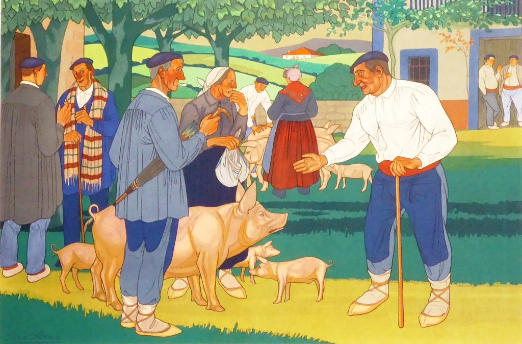 José ARRUE – Marché aux cochons (Lithographie signée dans la planche)