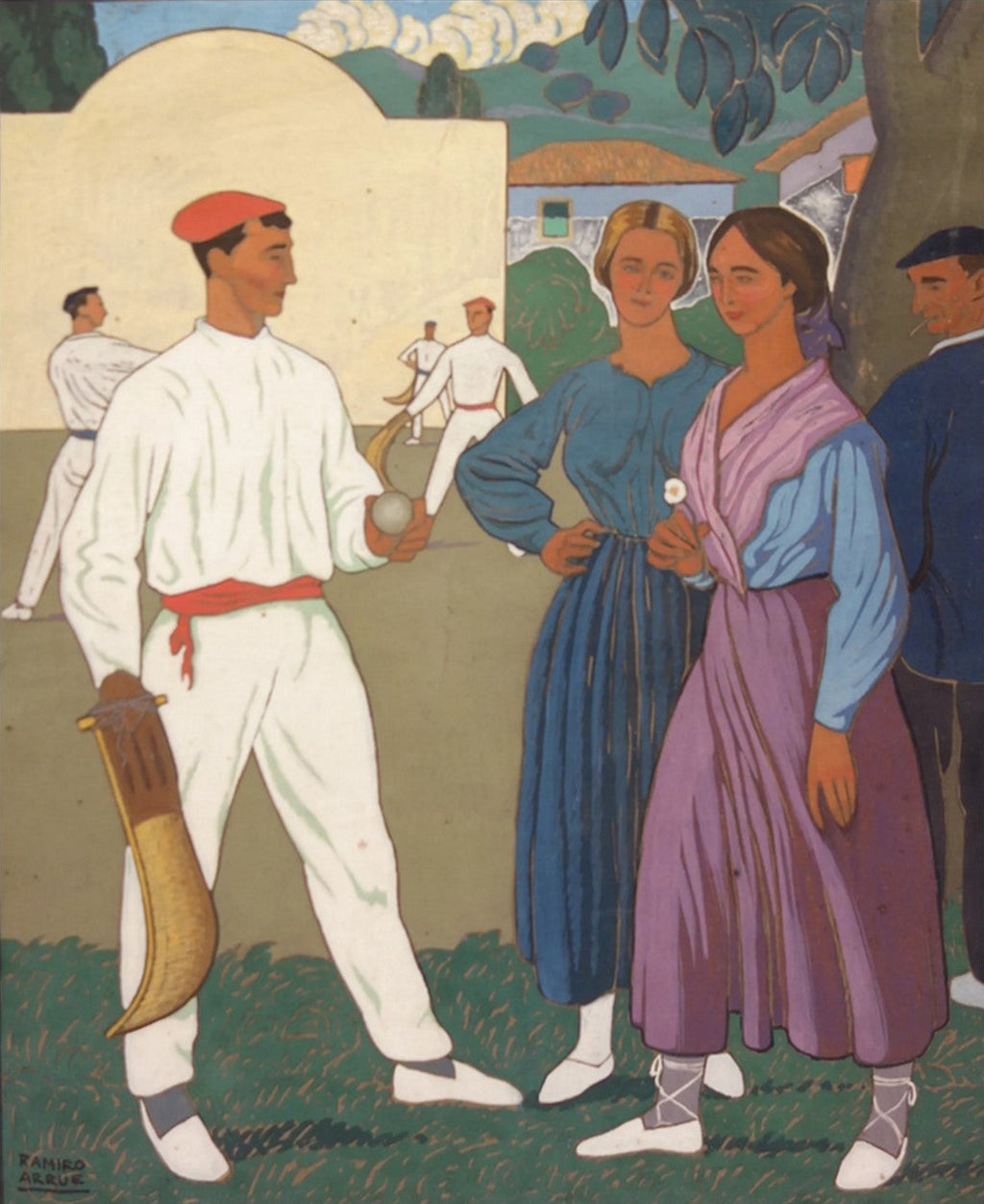 Ramiro ARRUE Scène basque avec joueurs de pelote et deux femmes (Œuvre originale)