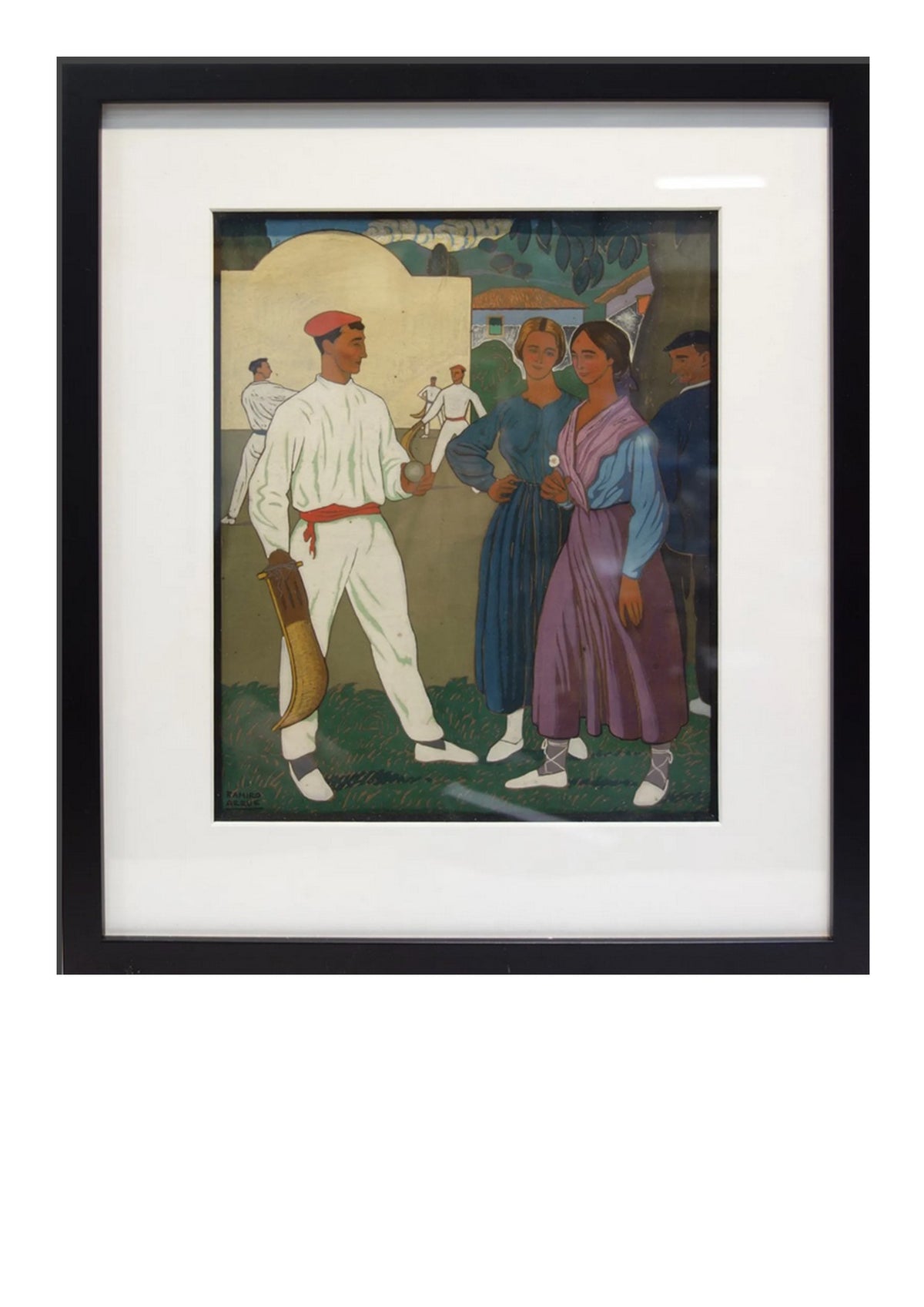 Ramiro ARRUE Scène basque avec joueurs de pelote et deux femmes (Œuvre originale)